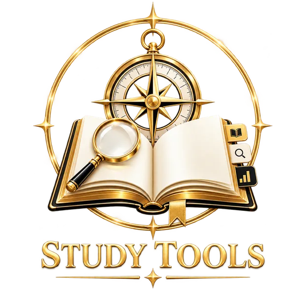 Study Tools — a compass, an open book and a reading lens in gold