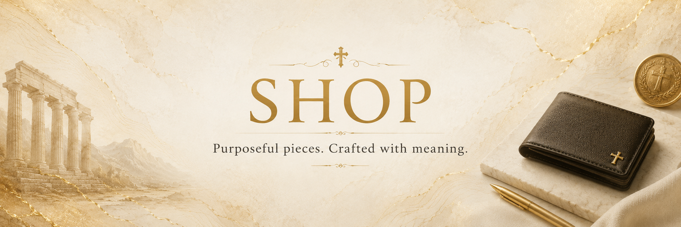 Saint AVS Shop papyrus and gold banner